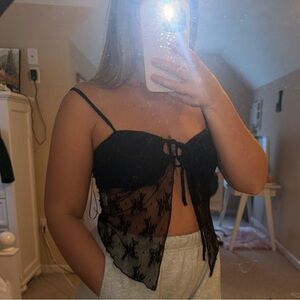 Black Sheer Lace Tie-Front Top